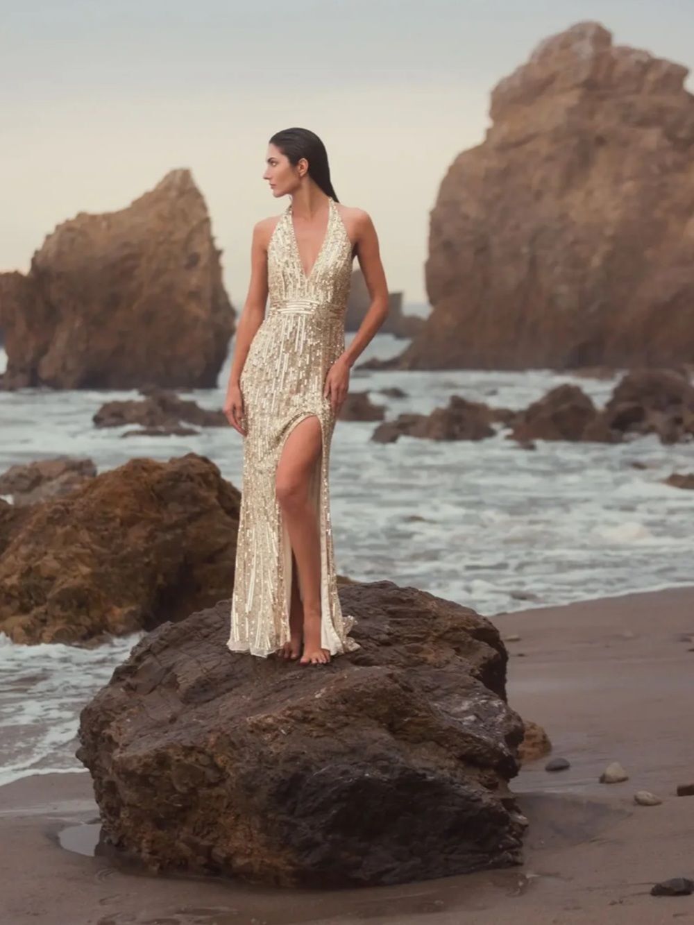 Mac Duggal 5759 Gold Nude Embellished Halter Evening Sheath Gown $598